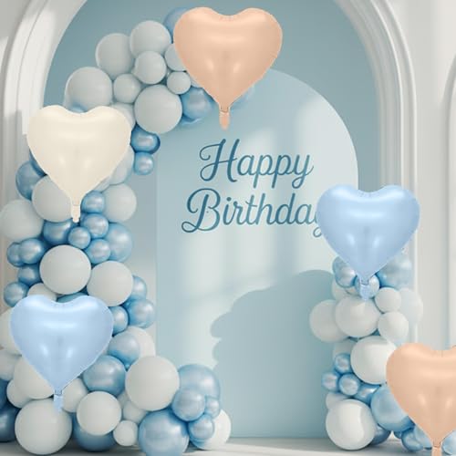 Image of Baby Blue Heart Balloons, 10 Pcs Light Blue White Heart Shaped Balloon, 18 Inch Apricot Cream Sand White Nude Foil Balloons for Engagement Brithday Baby Shower Wedding Valentines Party Decoration