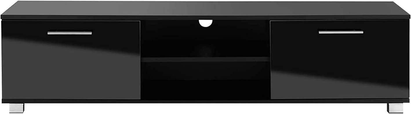 MMT Black Gloss TV Stand Cabinet 140cm for Up to 65 Inch TV, Living Room Furniture with Storage Cupboard and Open Shelving