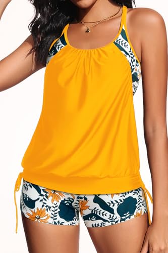 Image of Holipick Blouson Tankini Swimsuits for Women - Two Piece Tummy Control Bathing Suit with Shorts Modest Swimwear