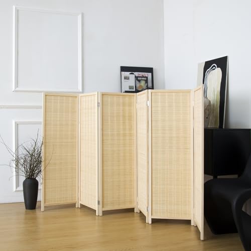 6 Panel Short Panel Divider Screen,3.95 FT Tall Bamboo Room Divider Folding Privacy Screen,Short Panel Divider Freestanding Room Divider for Room Seperation,Beige