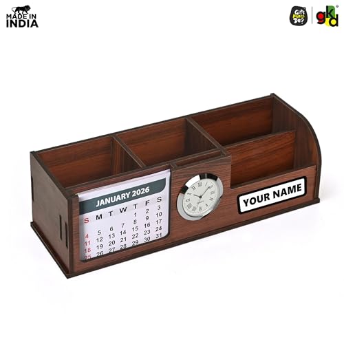 Image of Gift Kya De Personalized Stationery Desk Organizer With 2026 Calendar, Clock, And 4 Compartments - Elegant Wooden Table Organizer For Office And Home Use