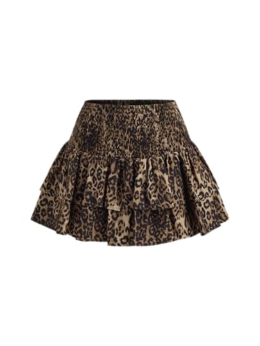 CIDER Mini Skirt Leopard Print Ruffle Hem Mid Waist Short Skirt Layered A Line Shirred Skirts for Women