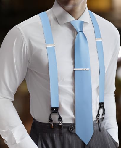 Image of Barry.Wang Unisex Adjustable Sky Blue Suspenders Tie Clip Set with Elastic Straps Y,Halloween Cosplay Christmas Dress Suspender