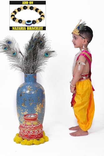 Image of Krishna Dress for Kids, Baby Krishna Dress for Janmashtami with Krishna Mukut, Peacock Feather & Flute Embroidered Krishna Costume for Girl & Boy, 3 Months-8 Years