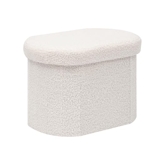 Bonlife Small Ottoman Storage Stool, Oval Folding Boucle Footstool, Foldable Foot Rest, for Living Room, Bedroom, Dorm,42x32x32cm,White