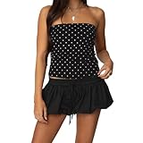 Tube Top Women Sexy Sleeveless Backless Strapless Bandeau Teen Girl Y2k Cute Floral Graphic Going Out Crop Shirt (Black Polka dot, S)