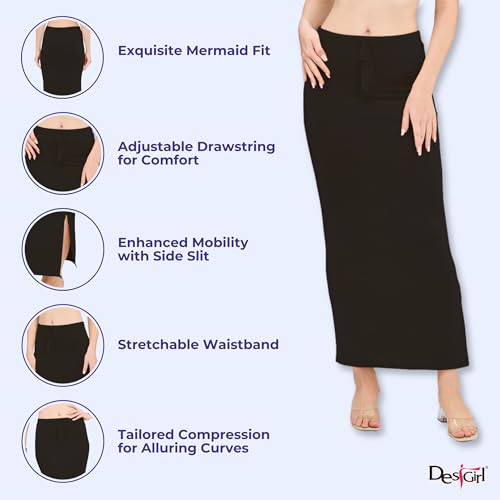 Image of DESI GIRL Satin Shimmer Stretchable Saree Shapewear Petticoat with Drawstring for Women | Mermaid fit Saree Petticoat with Side Slit for Easy Movement | Saree Shaper | Long inskirt