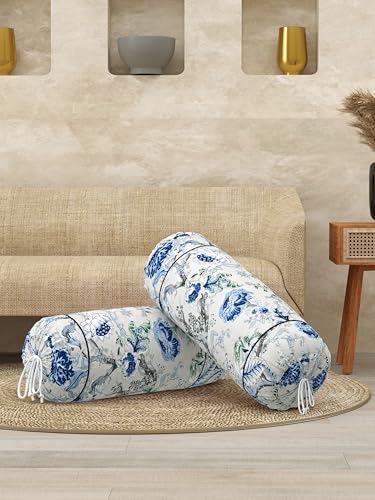 Image of Clasiko Cotton Bolster Covers; Set of 2; 220 TC; Grey Blue Flowers; 30x15 Inches; 42158