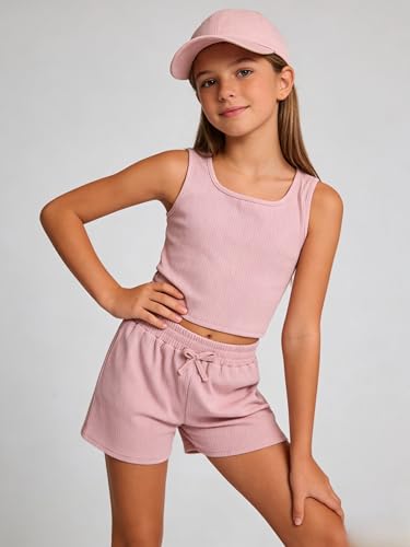Image of Cakaner Tween Girls 2 Piece Outfit Set Summer Tank Top and Elastic Waist Shorts with Belt Size 7-14