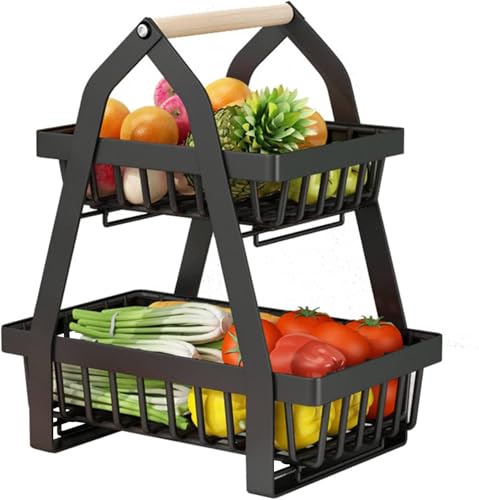 Foydream Fruit Basket, Cesta de Frutas de 2 Niveles con Mango de Madera, Organizador de Cocina Extraíble y Ahorrador de Espacio para Frutas, Verduras, Pan, Almacenamiento para Encimera