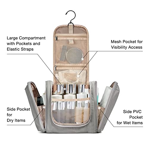 Bagsmart Hanging Toiletry Bag, Travel Toiletry Organizer With Hanging Hook, Water-Resistant Cosmetic Makeup Bag Travel Organizer For Shampoo, Full Sized Container, Toiletries, Grey #TOP1
