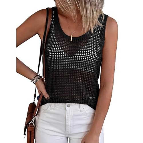 Totatuit Sleeveless Sweater Tops for Women 2026 Boho Crochet Tank Top Summer Round Neck Beach Vacation Outfits Black X-Large