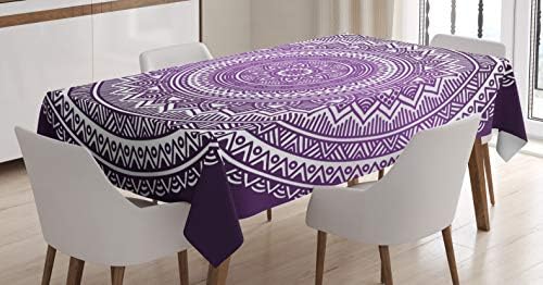 Ambesonne Purple Tablecloth, Ombre Mandala Art Print Vibrant Floral Pattern Boho Hippie Inspired Design, Dining Room Kitchen Rectangular Table Cover, 52" X 70", Purple White
