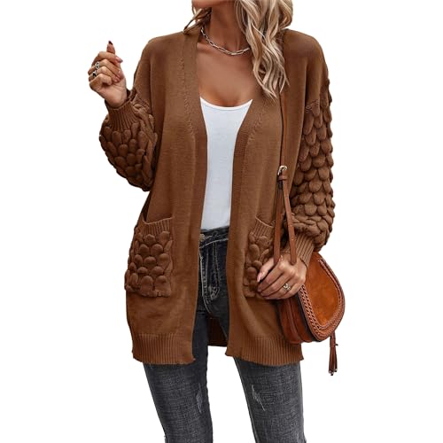 Open Front Cardigans for Women Casual V Neck Long Sleeve Sweater Tops Fashion Solid Color Coat Outwear with Pocket (X-Large,Brown)