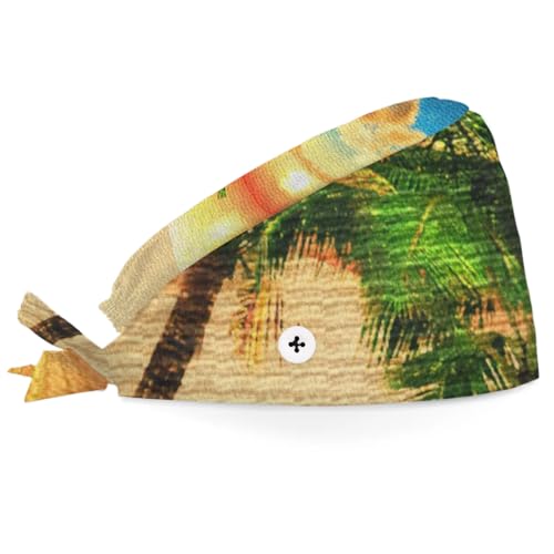 Mularoka Watercolor Coconut Tree Island Working Caps with Button Sweatband Comfortable Adjustable Bouffant Hats Work Hat for Women Men
