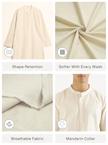 Image of SAADAA Men's Long Kurta - Linen Cotton Blend, Airy Fabric, Regular Fit, Mandarin Collar, Solid Color - Casual, Festive & Ethnic Wear
