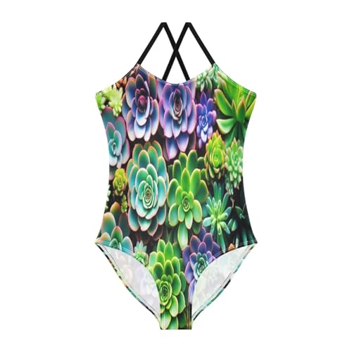 Succulent Plant Colorful Girls' One-Piece Swimwear, Beach Apparel 3-10 Y with Adjustable Shoulder Strap, 3-10 Y
