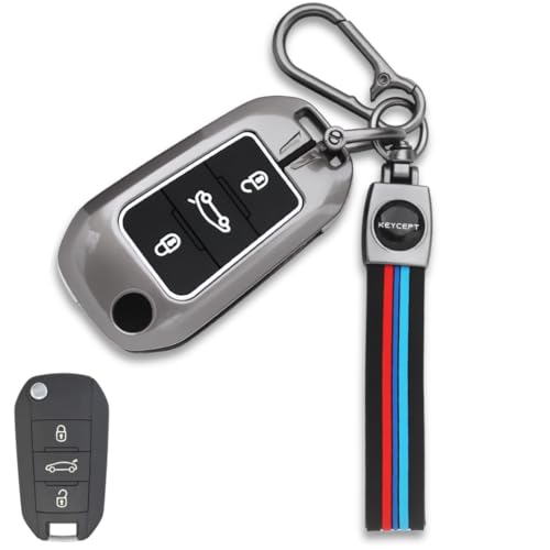 Image of Keycept Metal Key Cover Compatible for Citroen C3, Basalt, Aircross 3 Button flip Key (Long Keychain)