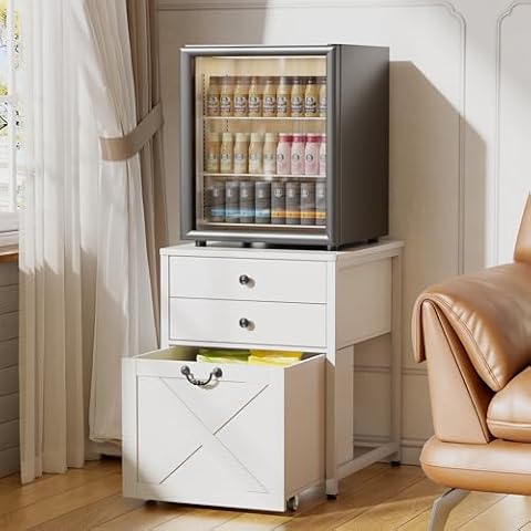 PAKASEPT Farmhouse Mini Fridge Stand with Storage,Heavy Duty Fridge Cart,Mini Fridge Cabinet with Rolling Cabinet,Beverage Fridge Table for Dorm,Home,Office,Bedroom, White Cover