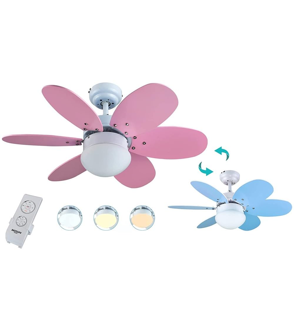ALGARVE DC - Ventilador de techo con motor DC, mando a distancia, 75cm Ø, 6 aspas, rosa/celeste, chasis blanco
