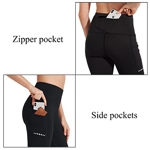 BAYGE Damen Sport Leggings Winter Hohe Taille Fleece Gefüttert Wasserdicht Blickdicht Bauchkontrolle Slim Fit Yogahose Sporthose Sweathose Fitnesshose mit Taschen, Schwarz, M
