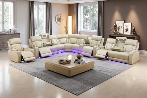 Image of Leather Power Reclining Sectional Sofa Set with LED, Leather Sectional Recliner Couch Set with 5 Recliner Seats,Modular Sofa with USB Port,Cup Holder,Storage for Living Room Furniture