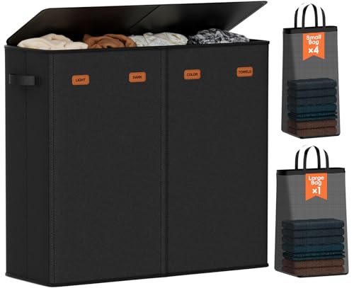 Image of 185L Laundry Hamper 4 Section with Lid | 4 Removable Bags + 1 Extra Large Bag, Switchable 3 /4 Compartment, Laundry Basket Organizer for Bedroom, Laundry Room