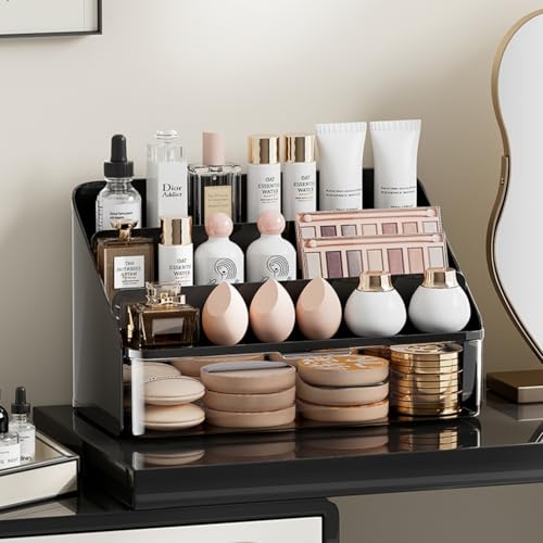 Lipsticks Holder,Lipgloss Organizer and Storage Display Case for Lip Gloss,Makeup Organizer with drawer,3 Rows spacious compartments & 1 extra drawers Makeup Holder & Cosmetics Display Case (Black)