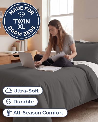 Image of Duvet Cover Twin /Twin XL Size - 2 Piece Set with Zipper Closure - Dark Grey | Extra Soft Twin /Twin XL Duvet Cover 68 inch x 90 inch with 1 Pillow Sham, Hotel Luxury w / Zipper Closures & Ties, Comfy & Breathable