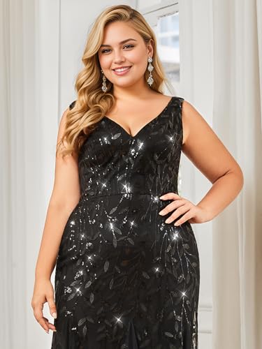 Image of Ever-Pretty Plus Sequin Formal Dresses Sleeveless V Neck Mermaid Ball Gowns Plus Size Prom Dress