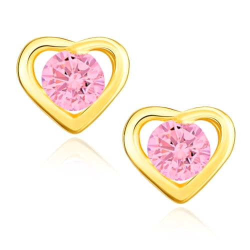 Boucles d'oreilles en or avec cœur serti de zircons roses pour fillettes