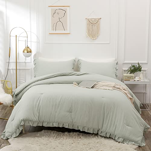 ATsense Salbeigrünes Rüschen-Bettwäsche-Set für King-Size-Betten, flauschig und warm, 3-teilig, einfarbig, weiche Mikrofaser, Bettwäsche-Set für alle Jahreszeiten Cover