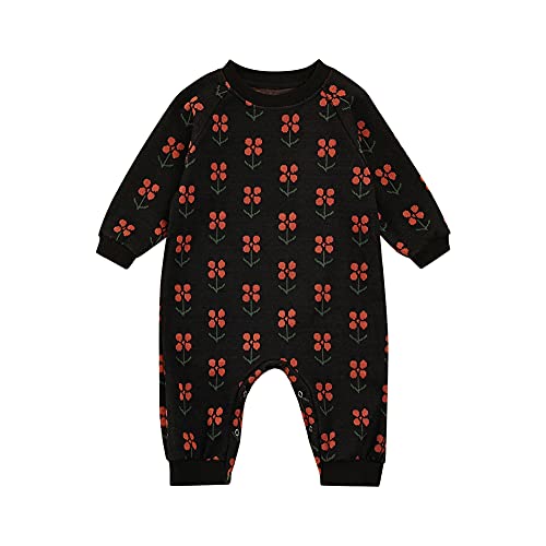 Baby Boy Girl Knit Sweater Crewneck Pullover Sweatshirt Romper Jumpsuit 90's Vintage Cute Baby Clothes Outfit (3-6 Months,Black Flower)