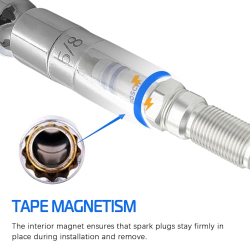 A ABIGAIL 5/8\" Swivel Magnetic Spark Plug Socket 3/8 Inch Drive x 10\" Total Length 6-Point 360 Degree Swivel Thin Wall Spark Plug Socket Removal Tool Cr-V Steel