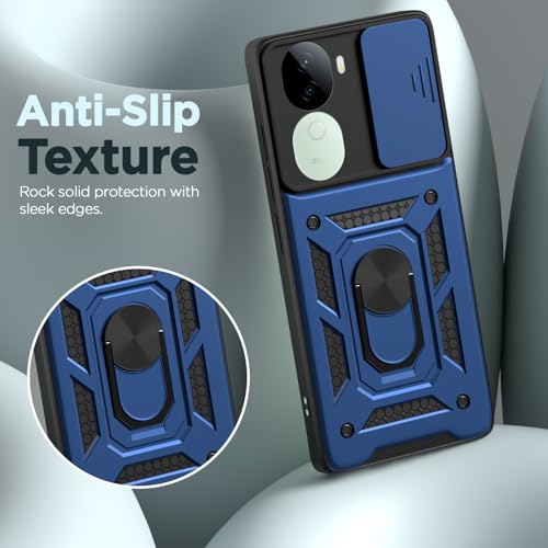 Image of Pikkme Back Cover for Vivo V40e 5G / iQOO Z9s 5G | 360 Protection Case | Sliding Camera Shield Cover & Ring Holder Stand D10 Tough Armor Bumper Case (Blue)