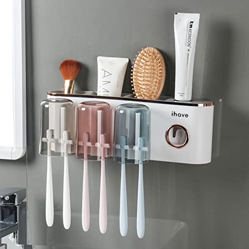 iHave Toothbrush Holders Bathroom Accessories with Toothpaste Dispenser, 2 Cups Toothbrush Holder Wall Mounted Bathroom Decor