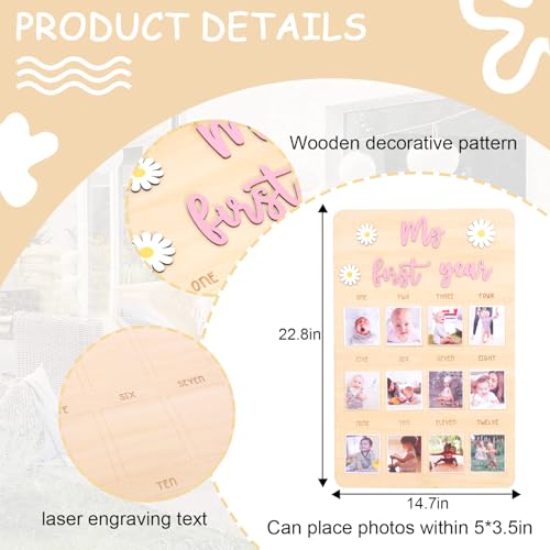 Agvgaza My First Year Photo Board - Floral Wooden Milestone Frame for Baby's 1st Birthday, Daisy 12 Month Picture Frame for Boys & Girls,Monthly Milestone Keepsake