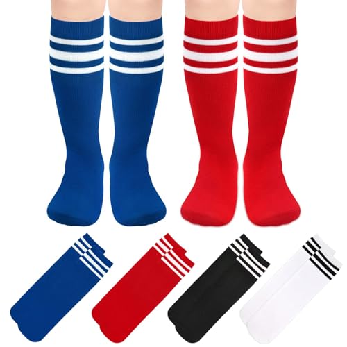 BISOUSOX - BISOUSOX 4 Pairs Football Socks for Kids Boys Athletic Socks Toddler Striped Knee-High Socks Boys Girls School Socks Cotton Children's Running Training Socks Breathable Gift for Girls Unisex - -20%