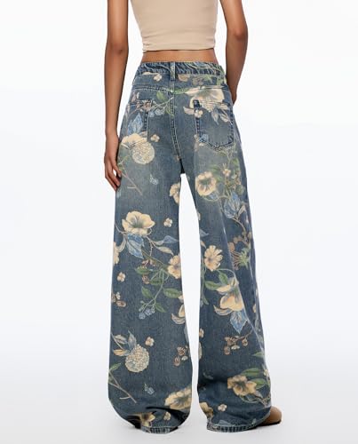 Women's High Waisted Wide Leg Jeans Flower Printed Straight Leg Baggy Jeans High Rise Loose Boyfriend Denim Pants3