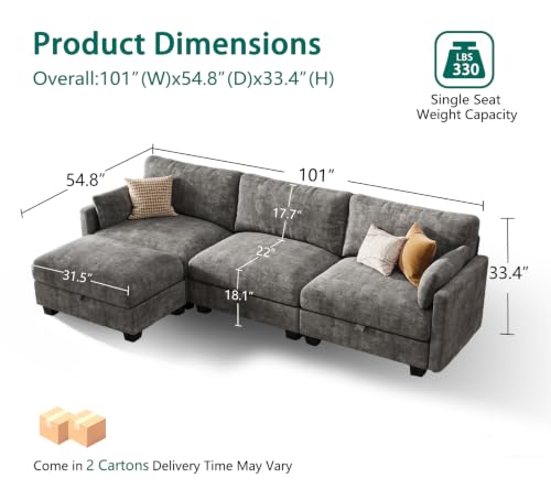 Image of Modular Sectional Sofa, 101 inch L Shaped Couch with Storage | High Resilience Foam, 22 inch Seat Depth, Movable Ottoman, Comfy Chenille, Easy Assembly, Dark Gray
