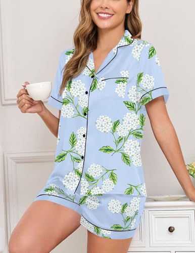 Image of Veseacky Women Satin Pajamas Set 2 Piece Button Down Short Sleeve Soft Sleepwear with Pockets