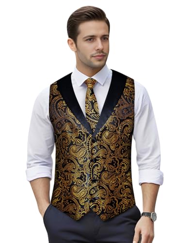 DiBanGu Mens Paisley Suit Vest Silk Jacquard Waistcoat and Necktie Set Formal Shawl Collar Dress Vest 7PCS for Wedding Party2