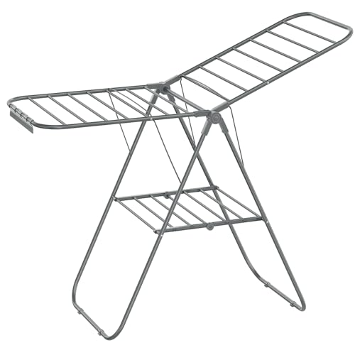 SONGMICS Clothes Drying Rack, with Sock Clips, Metal Laundry Rack, Foldable, Space-Saving, Free-Standing Airer, with 2 Height-Adjustable Gullwings, Indoor Outdoor Use, Gray ULLR052G01 by SONGMICS - Image 2