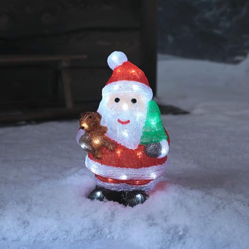 Lights4fun Outdoor Christmas Figure Light Up LED Acrylic Santa with Bear and Tree Plug In with Timer 32cm