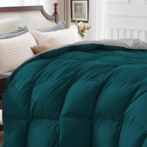 Image of Restful Sleep Reversible All Weather Comforter King Size - Dohar /Rajai /Blanket /Duvet -250 GSM Quilt Soft Microfiber Fill King Size (92 inchX106 inch) - Teal /Silver Grey Color
