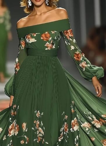 Women's Green Off-Shoulder Floral Print Long Sleeve Slim Fit A-Line Maxi Dress with Pleats Elegant Party Summer Dress4