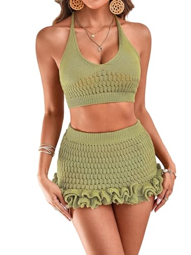MakeMeChic Women's Crochet Cover Up Halter Crop Tops and Ruffle Skirt Swimwear Bathing Suit