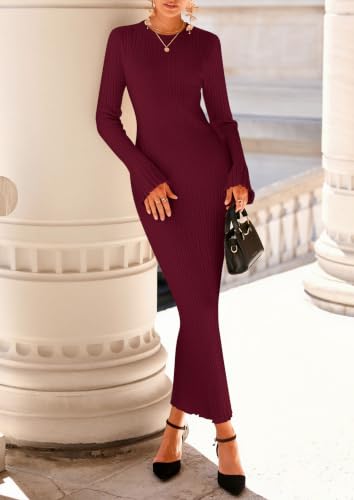 Image of PRETTYGARDEN Women's Sweater Dress Long Sleeve Maxi Dresses | Bell Sleeve Stretchy, Ribbed Knit Long Bodycon Fall Winter Wedding Guest Dress, Classy Party Holiday Outfits, Fashion Clothes