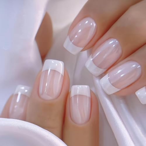 Image of French Tip Press on Nails Short Square Nail Press ons Chrome Fake Nails with Design Glossy Glue on Nails Artificial Acrylic Full Cover Stick on Nails Glossy False Nails for Women Girls Manicure 24Pcs