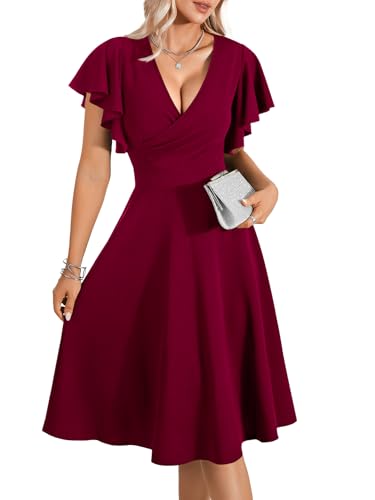LYANER Women's Warp V Neck Ruffle Short Sleeve A Line Swing Flared Cocktail Party Midi Dress3